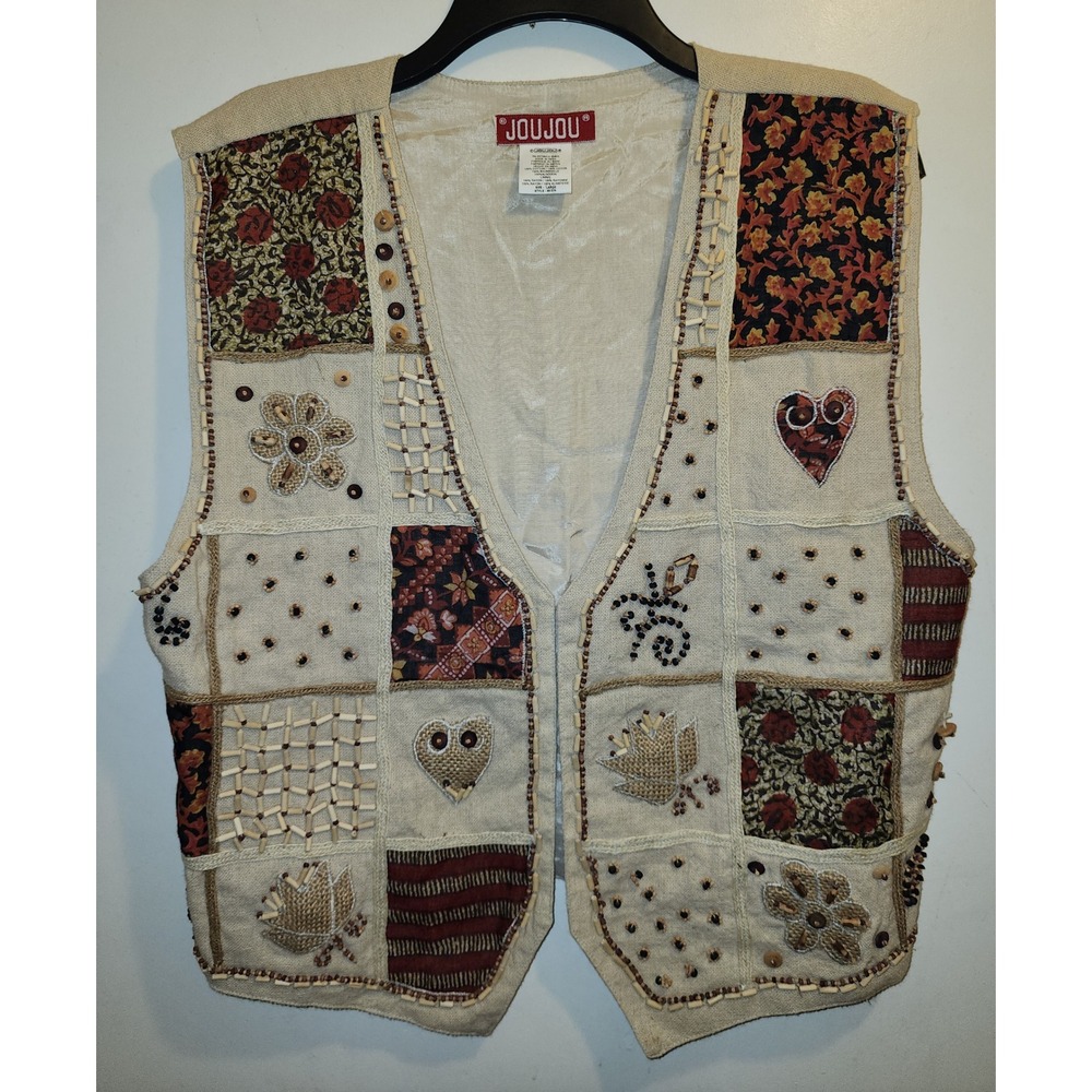 Joujou Vintage Patchwork Beaded Vest Tan Floral Heart Boho Cotton Large 40-578